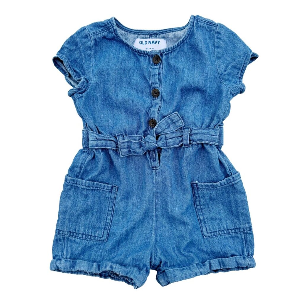 Old Navy Baby Toddler Girl Baby Girl Short Sleeve Tie Belt Denim Romper 18-24 Mo